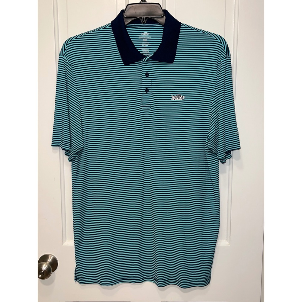 AFTCO AFTECH Mens XL Performance Fishing Polo Shirt Striped Teal Navy Blue